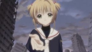 Sakura Kinomoto guiando a la otra Sakura.
